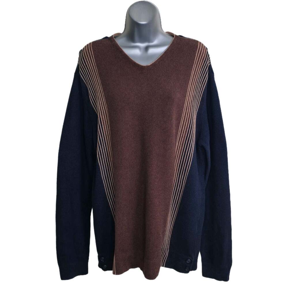 Tehama Men's Cotton Cashmere Blend V-Neck Sweater Brown Navy Stripe Size L